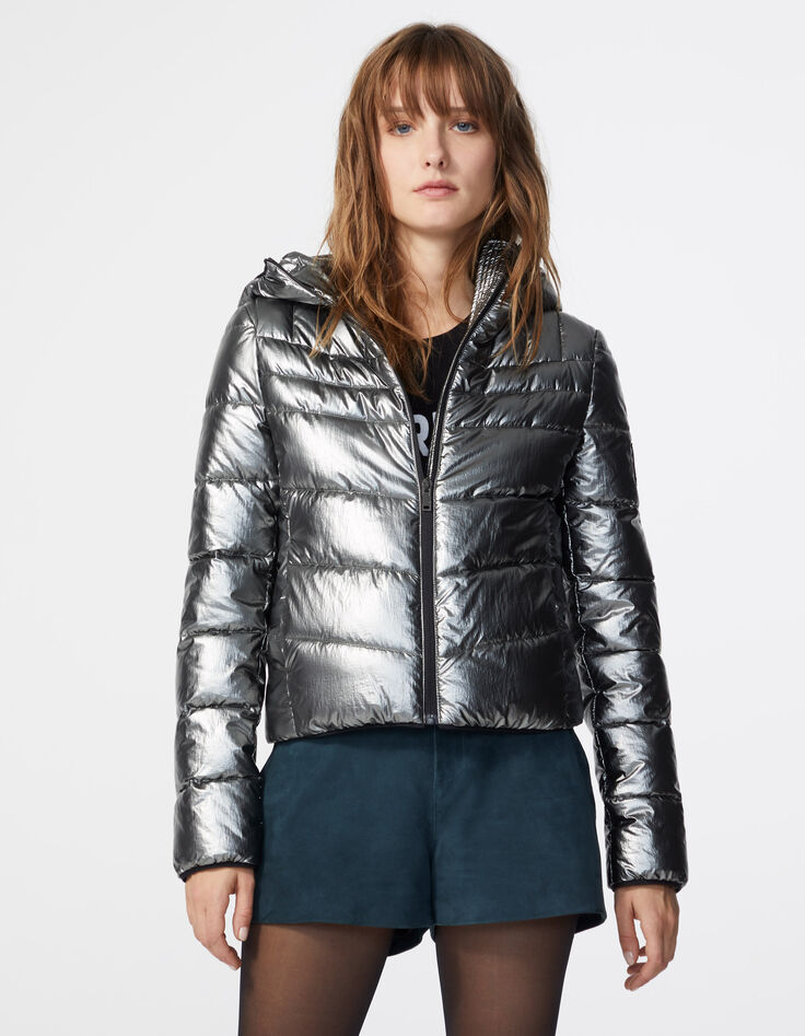 Women’s metallic hooded padded jacket with badge-2