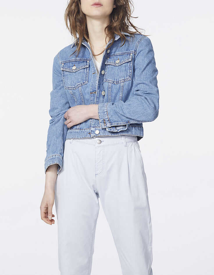 Veste courte en jean bleu broderie dos femme-2