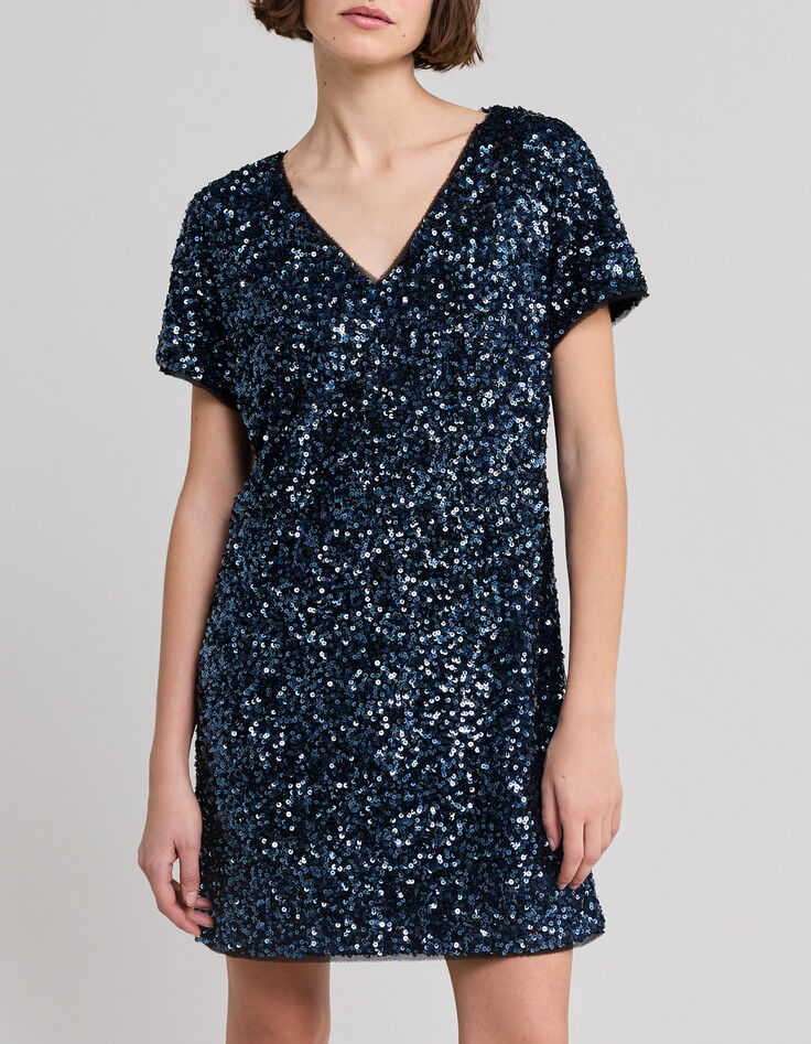 Women's reversible sequin-embroidered blue dress-3