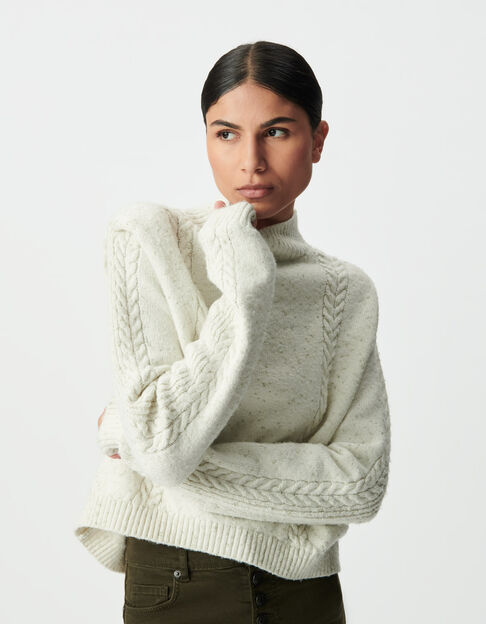 Ecru Damenstrickpulli Lurex Schulterpolster Zopfmuster - IKKS