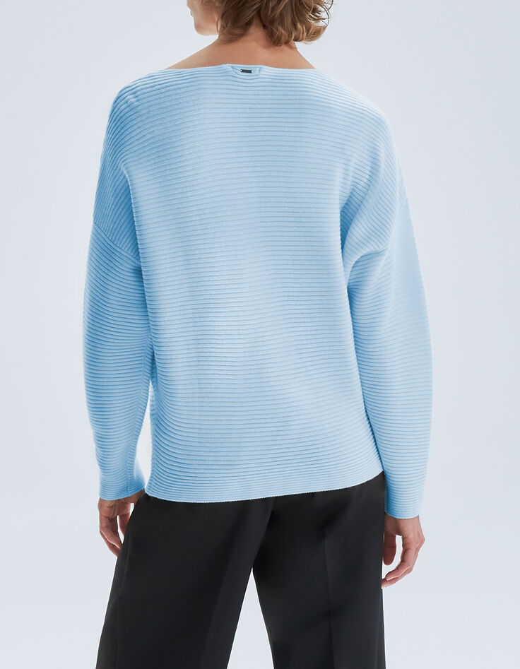 Pull bleu tricot côtelé  col bateau Femme-2