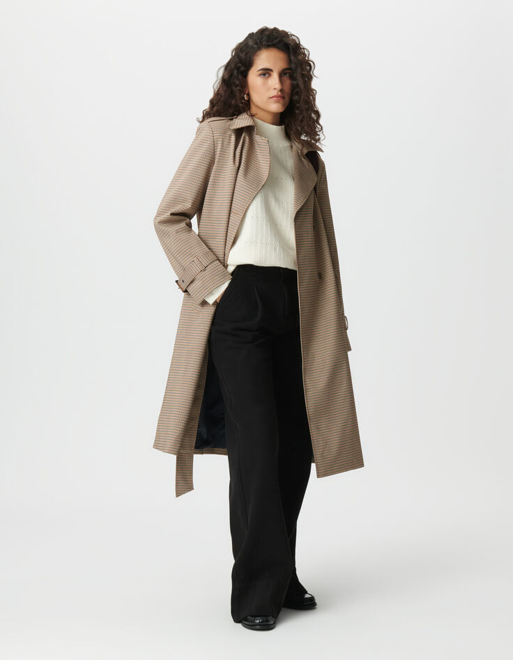 Trench largo camel pata de gallo mujer-1 Trench largo camel pata de gallo mujer-1