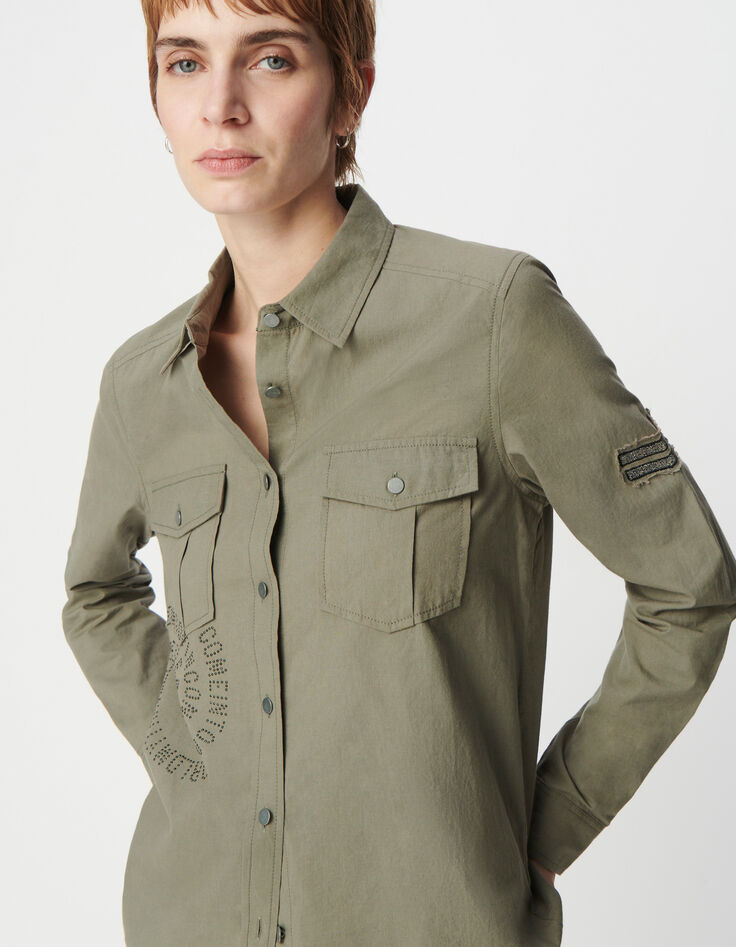 Chemise army kaki coton bio message spirale clouté Femme-2