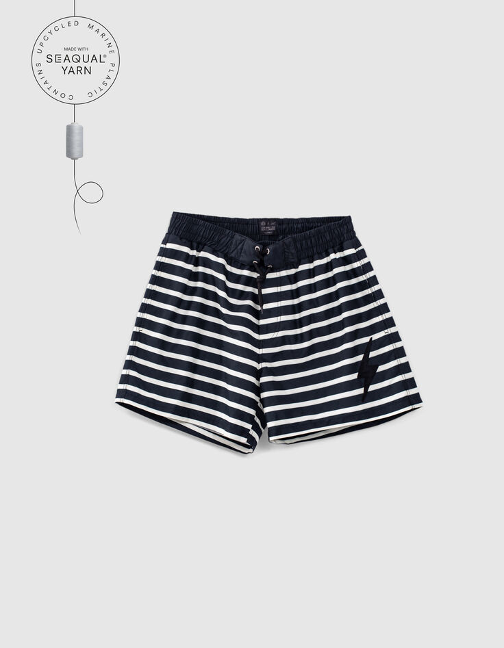 Short de bain noir à rayures écrues et badges Homme-2
