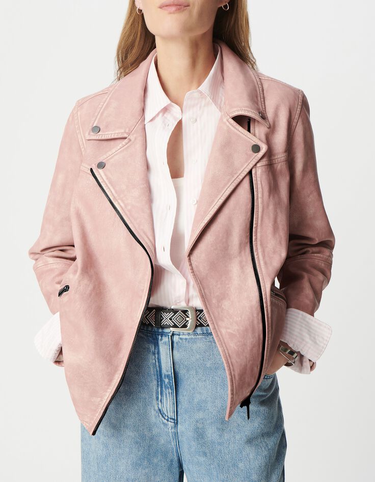 Cazadora biker de piel lavada rosa para mujer-7