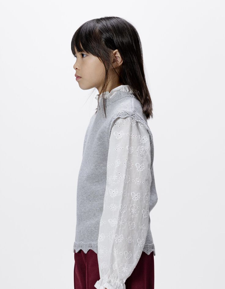 Girls’ grey knit sweater with embroidered poplin sleeves-3 Girls’ grey knit sweater with embroidered poplin sleeves-3