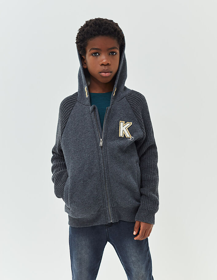 Boys’ charcoal grey marl cardigan with knit sleeves - IKKS