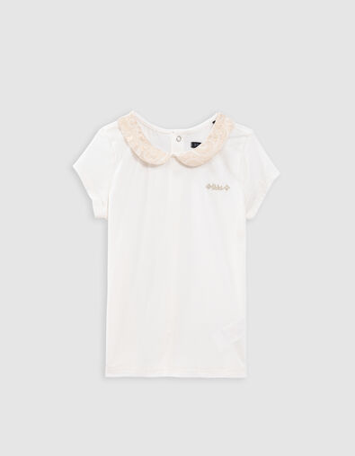 Ecru Mädchen-T-Shirt, Bubikragen, Jacquardknöpfen hinten - IKKS