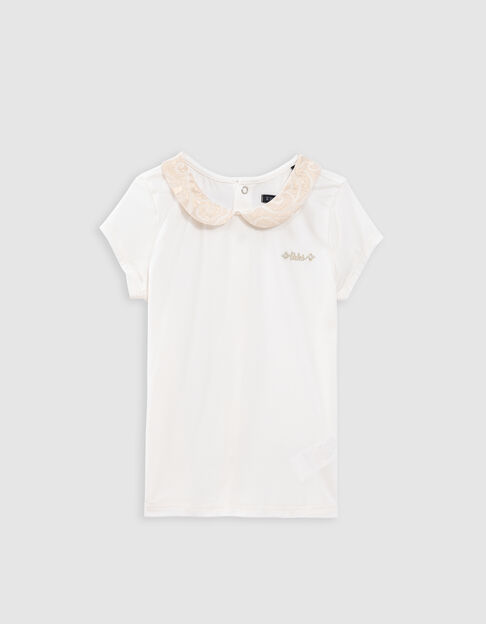 T-shirt écru col Claudine jacquard boutons dos fille - IKKS