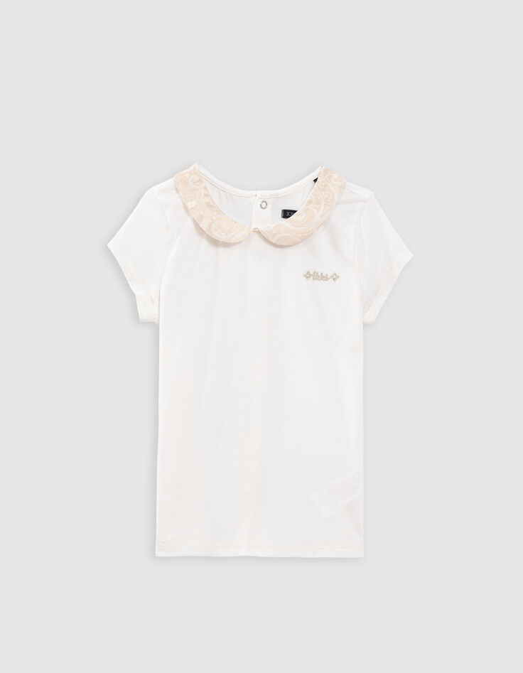 Ecru Mädchen-T-Shirt, Bubikragen, Jacquardknöpfen hinten-1