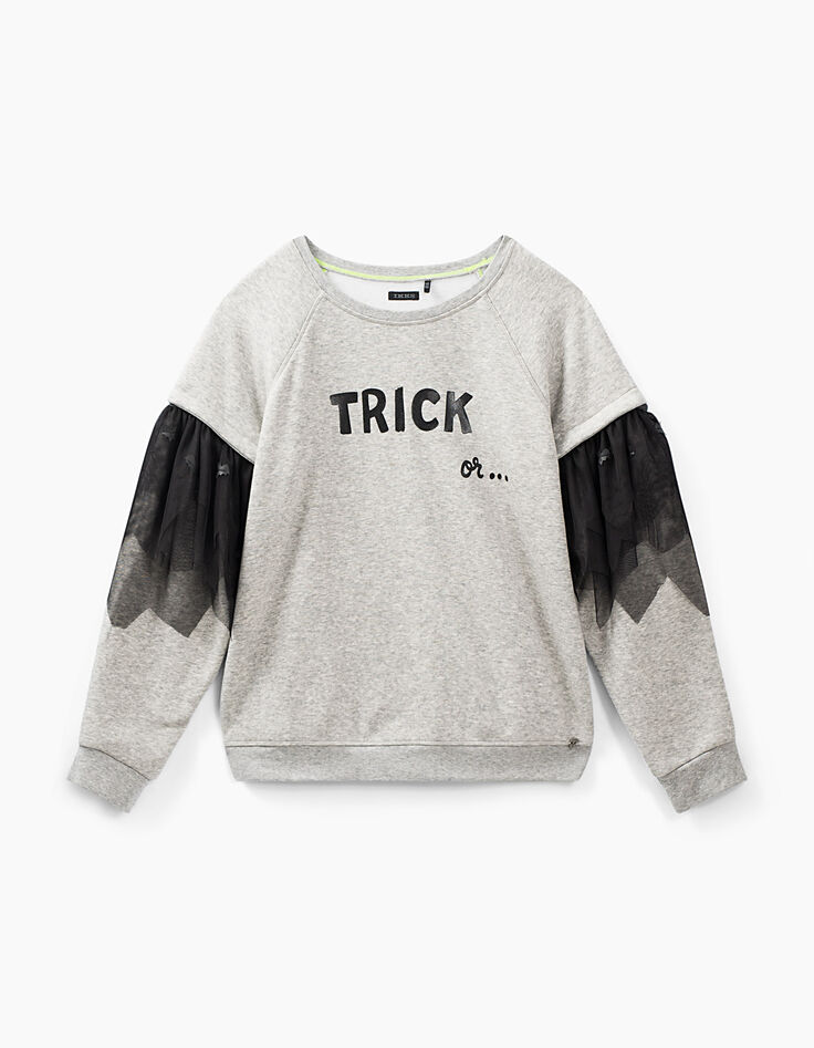 Mittelgrau meliertes M&auml;dchensweatshirt Trick or... Treat -1