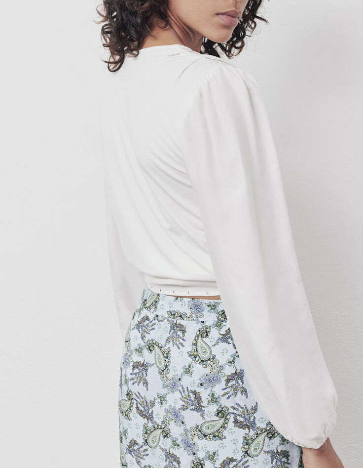 Blouse cache cœur écru à nouer finition clous bijoux femme-3