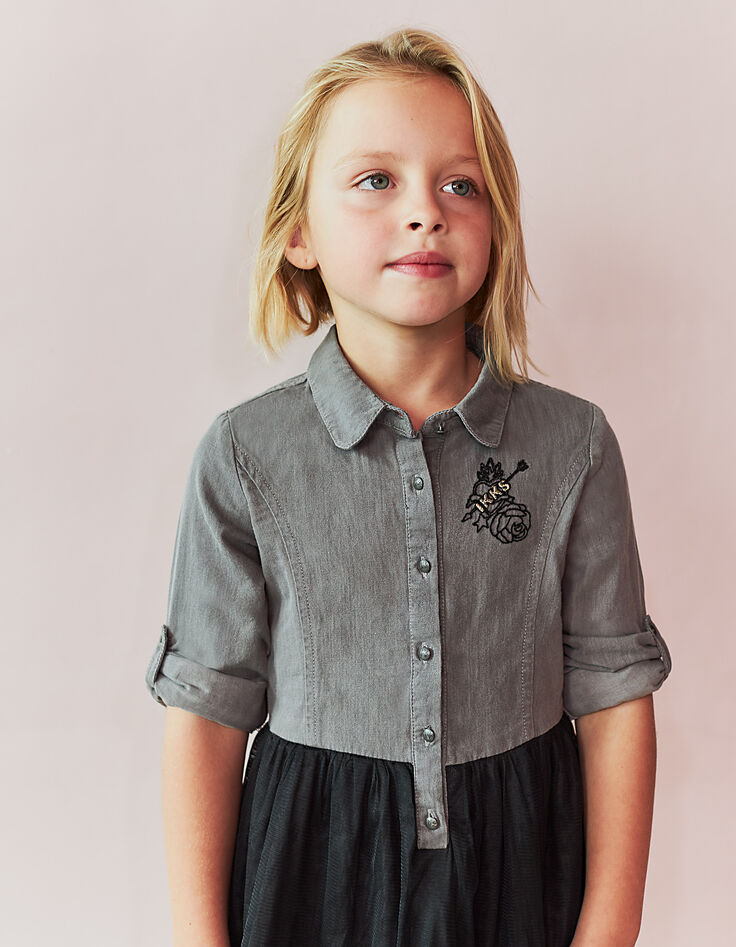 Robe-chemise grise en denim et tulle noir fille-1