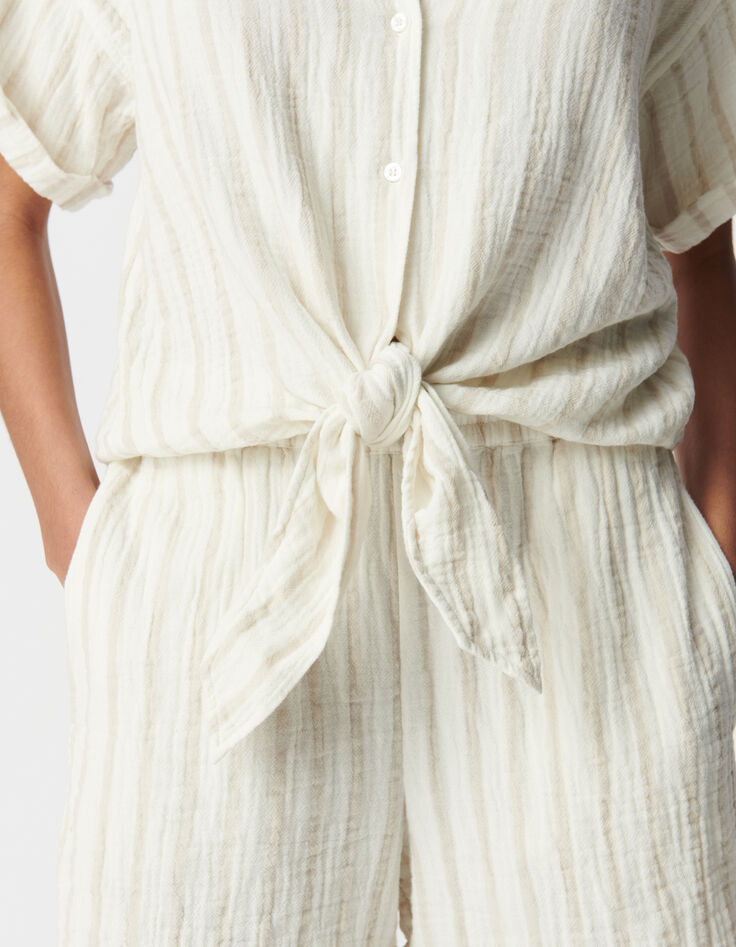Chemise &eacute;crue gaze de coton rayures beiges Femme-4