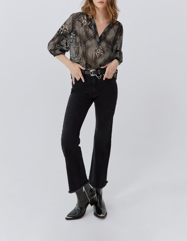 Women’s black blouse with ecru dandy flower print-7 Women’s black blouse with ecru dandy flower print-7