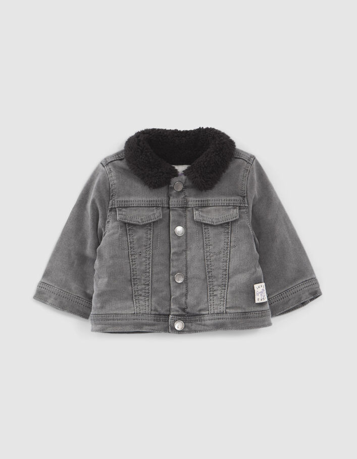 Veste en jean grise fourrée broderie dos bébé garçon-1