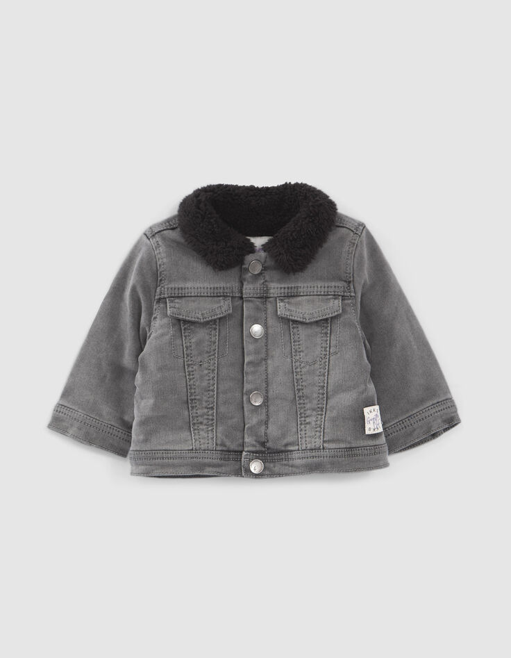 Veste en jean grise fourrée broderie dos bébé garçon-1