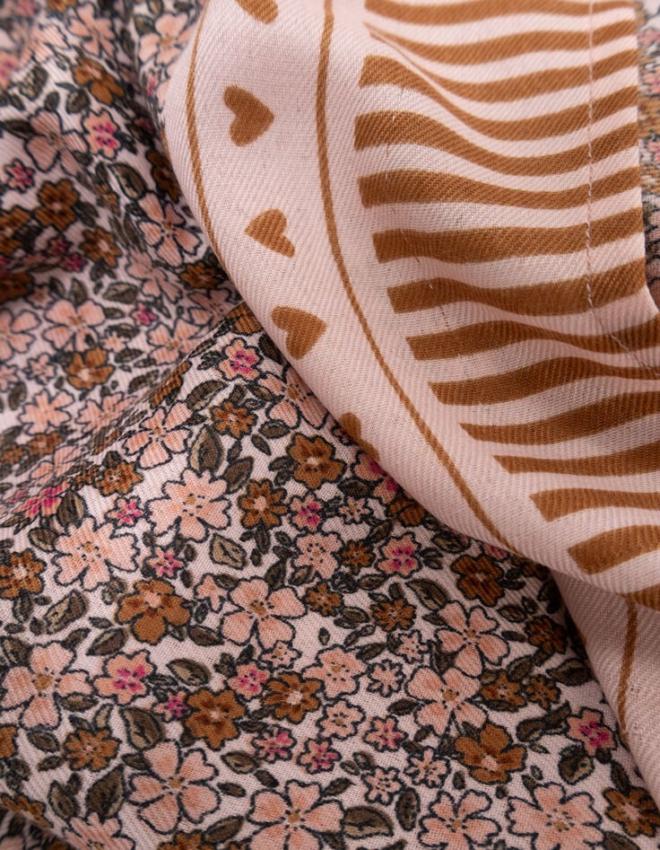 Girls’ pink square scarf, autumn flower print-7 Girls’ pink square scarf, autumn flower print-7