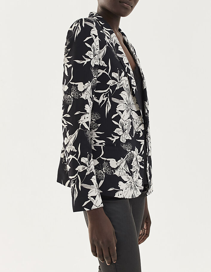 Veste tailleur en crêpe imprimé floral noir et blanc femme-2