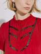 Robe courte rouge plastron dentelle et col victorien femme-3