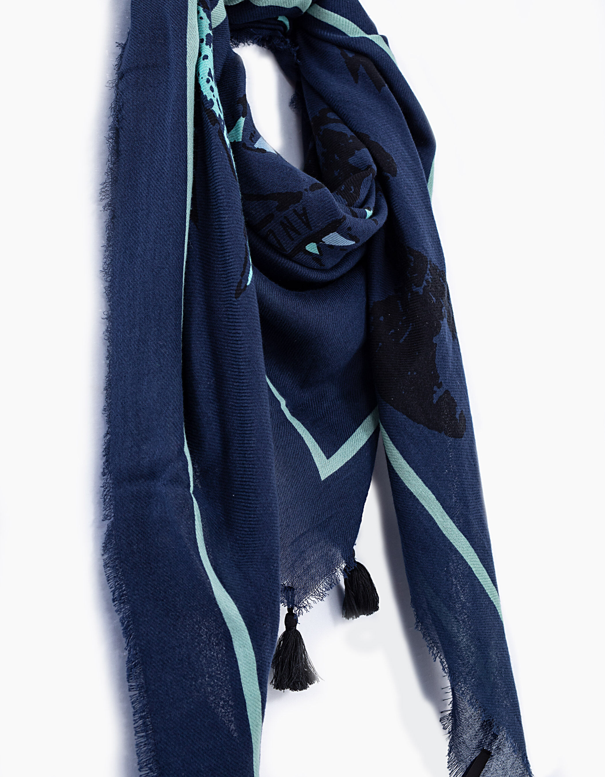 Women s navy printed cotton fringed square scarf
