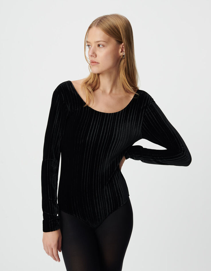 Women’s black pleated velvet knit bodysuit-2 Women’s black pleated velvet knit bodysuit-2