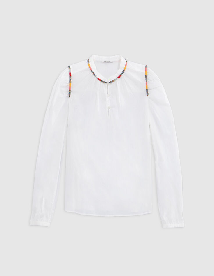 Cremewei&szlig;e Damenbluse mit bunter Garnstickerei-1