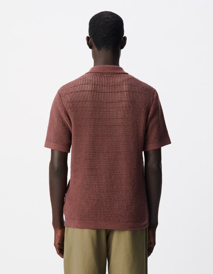 Polo marron tricot ajour&eacute; Homme-3