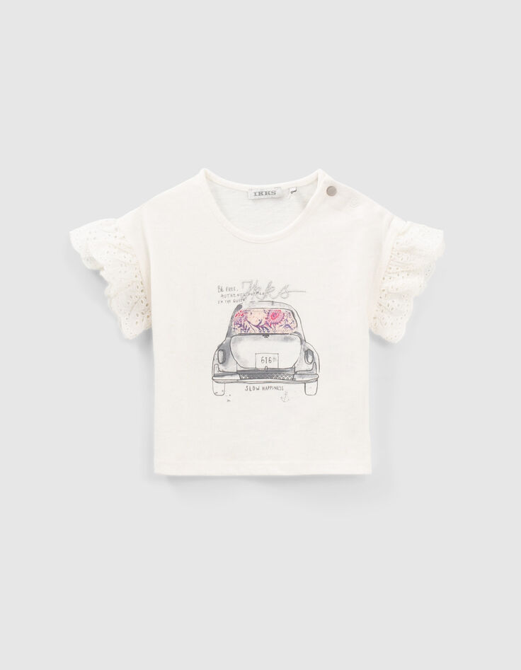 Baby girls' off-white car and embroidery T-shirt-1