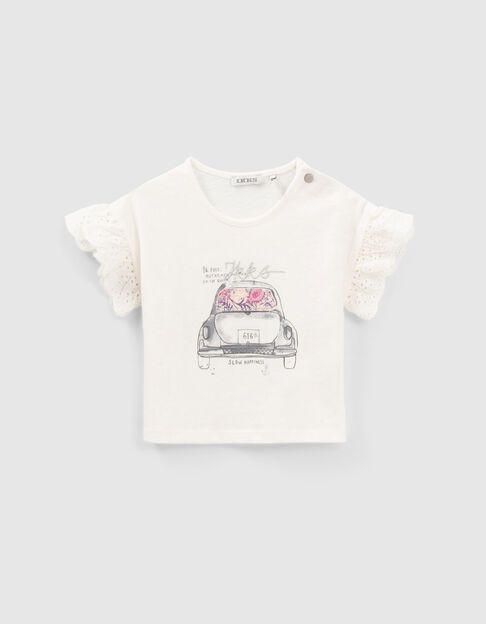 Camiseta blanco roto coche y bordado bebé niña - IKKS