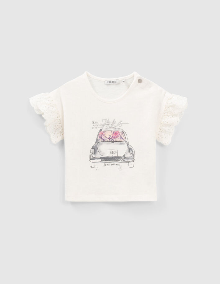 T-shirt blanc cassé visuel voiture et broderie bébé fille - IKKS