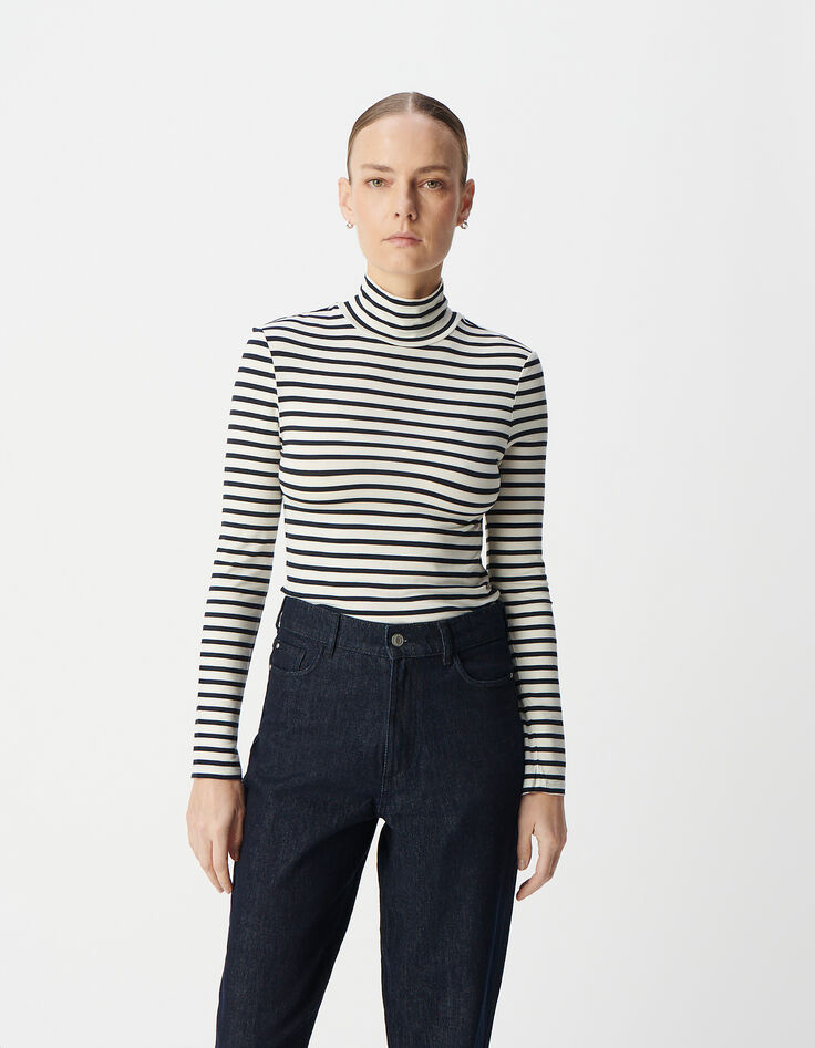 Dames-T-shirt met navy coltrui en witte strepen-2