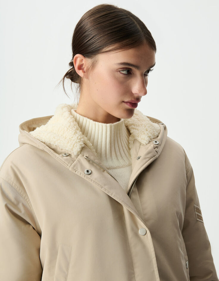 Parka oversize beige à capuche fourrée Femme-7
