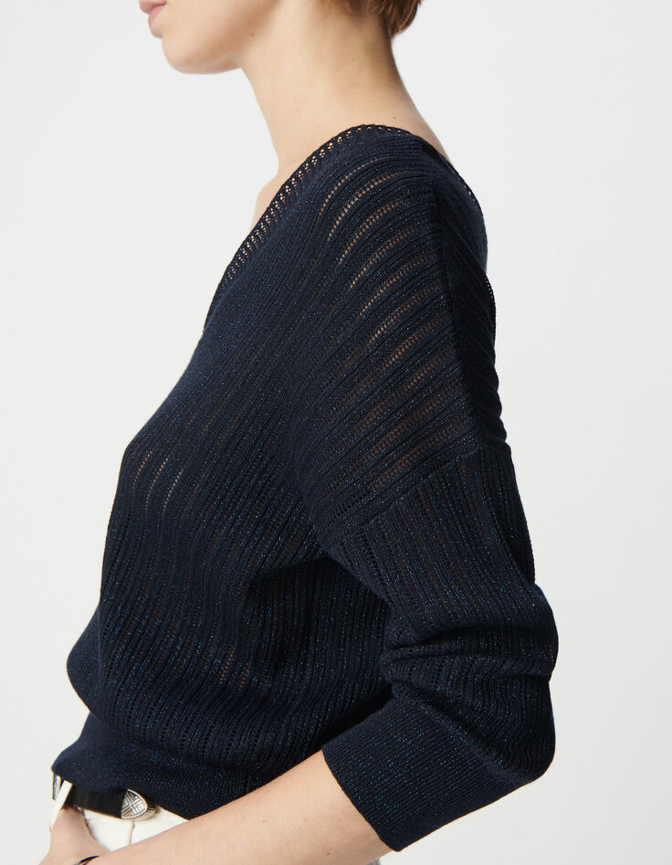 Schicker navyfarbener durchbrochener Lurex-Pullover für Damen-4