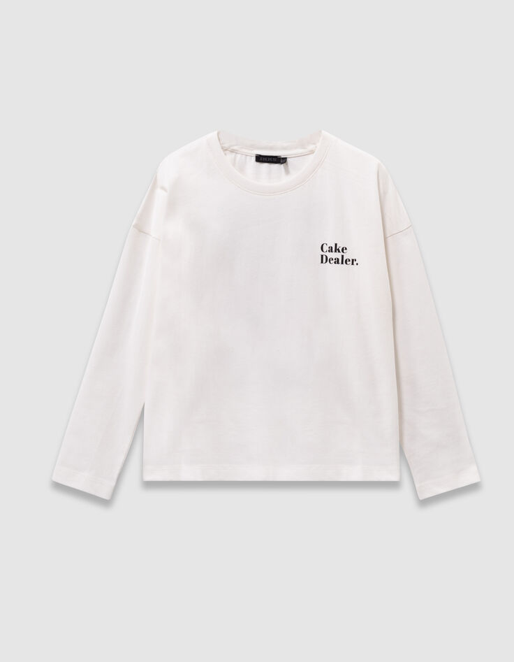 Girls’ ecru organic cotton T-shirt with cake image-3