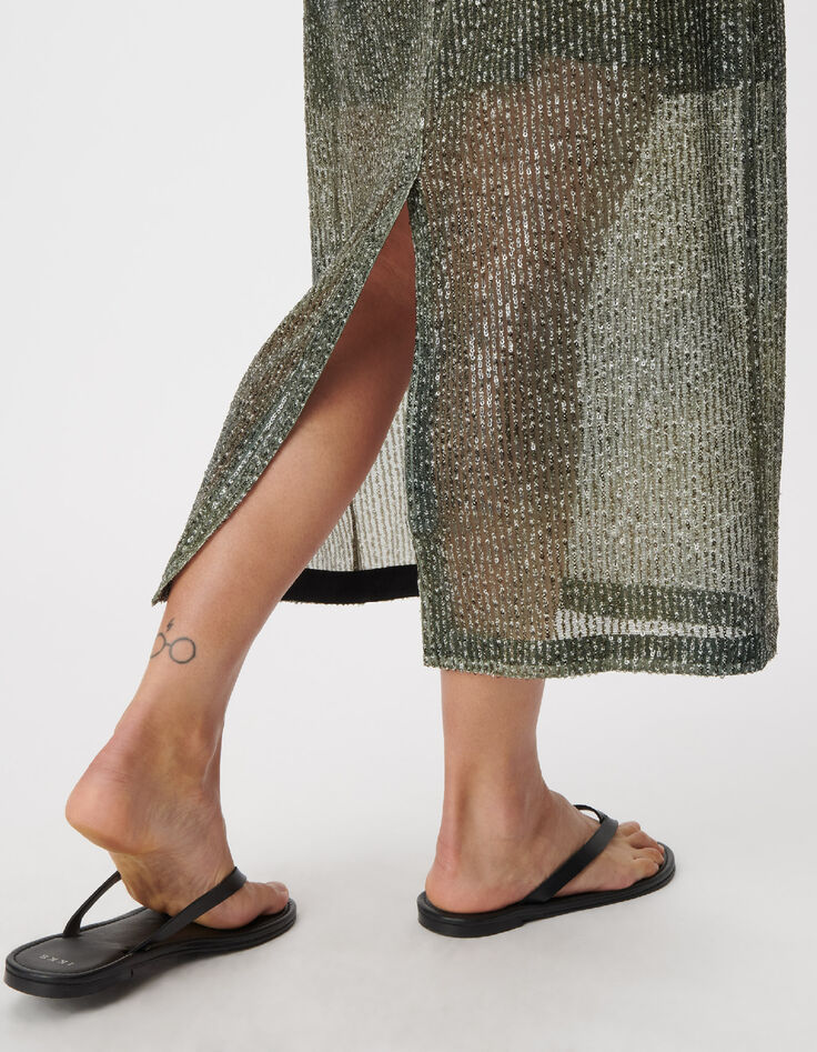 Khaki strapless dress with sequins for women-5