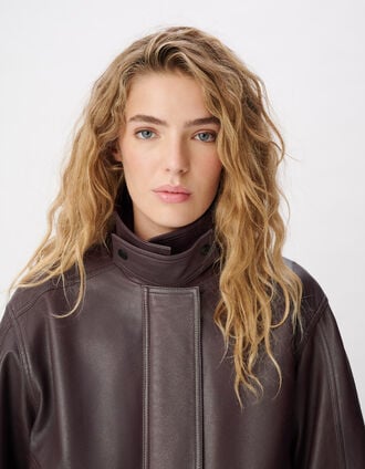 Oversized bordeauxrode leren bomber voor dames