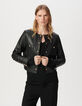 Kurze, schwarze Damenlederjacke vier aufgesetzte Taschen-3