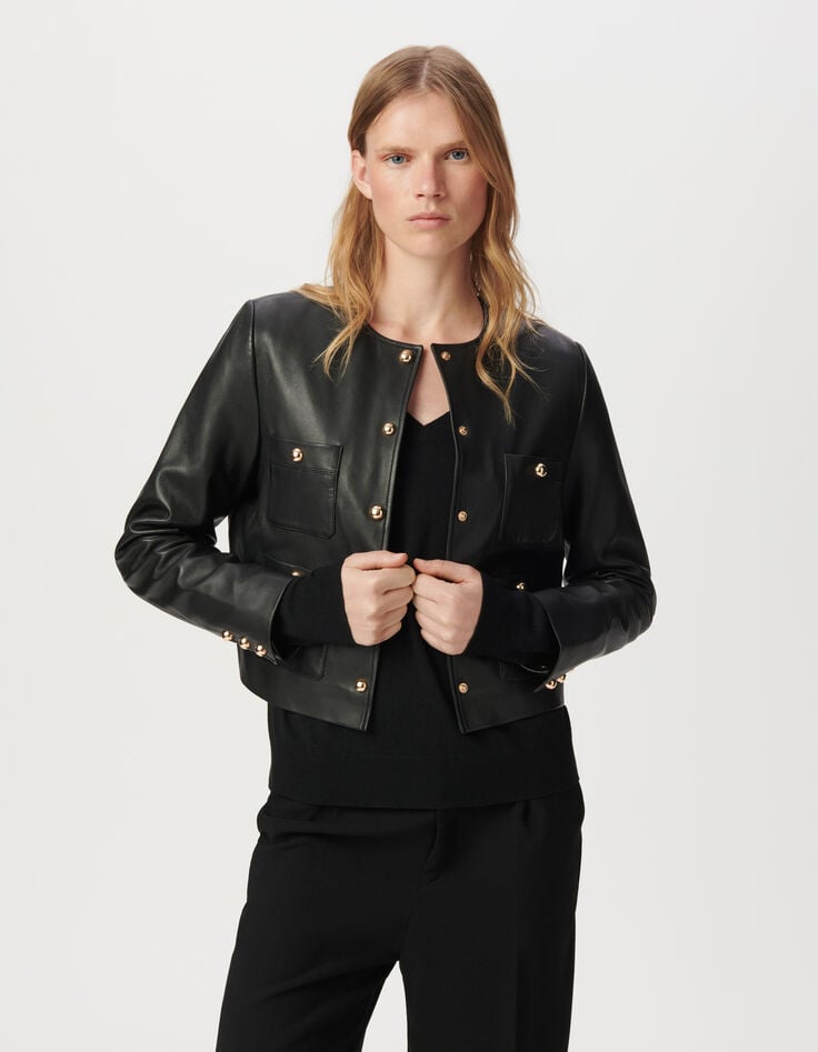 Kurze, schwarze Damenlederjacke vier aufgesetzte Taschen-3 Kurze, schwarze Damenlederjacke vier aufgesetzte Taschen-3