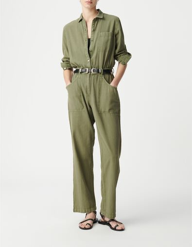 Combinaison en jean souple kaki taille &eacute;lastiqu&eacute;e Femme - IKKS