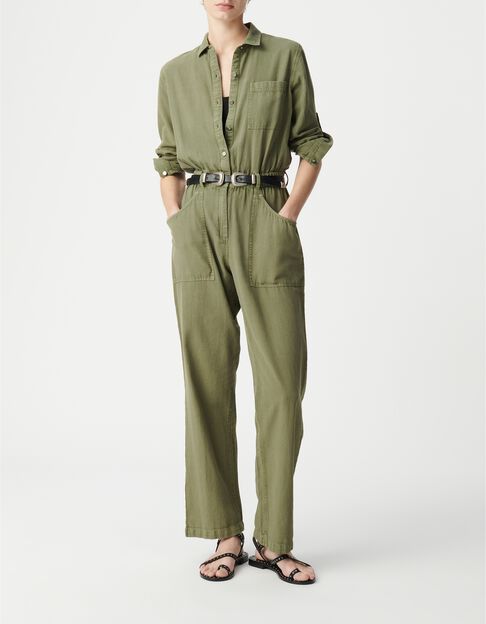 Combinaison en jean souple kaki taille &eacute;lastiqu&eacute;e Femme - IKKS