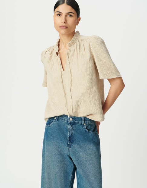 Top de gasa de algodón beige claro para mujer - IKKS