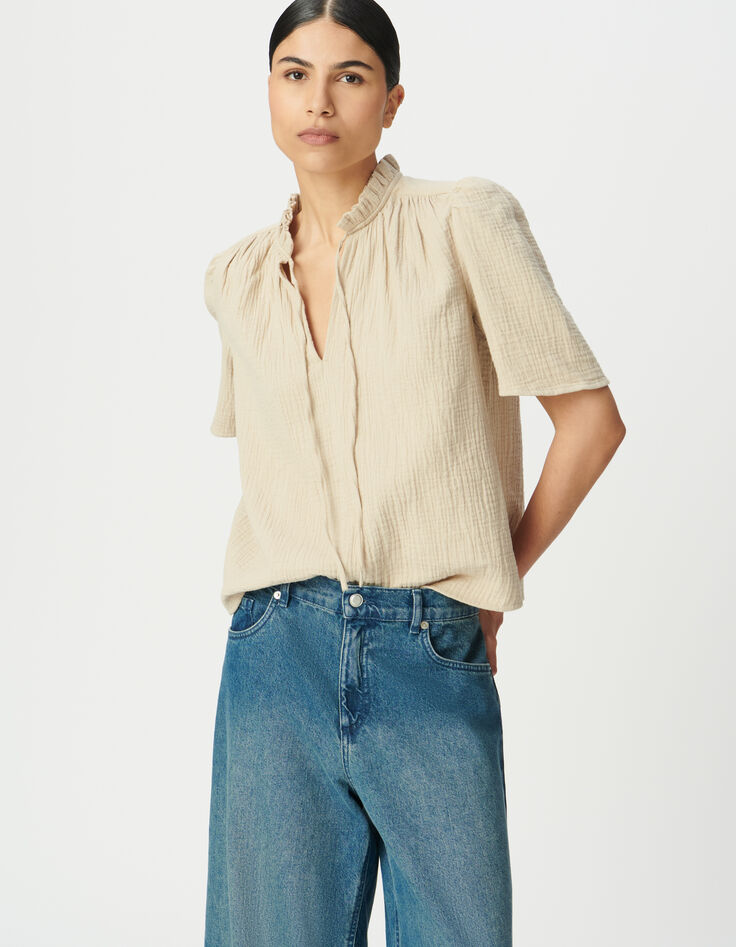 Top en gaze de coton beige clair pour femme-2