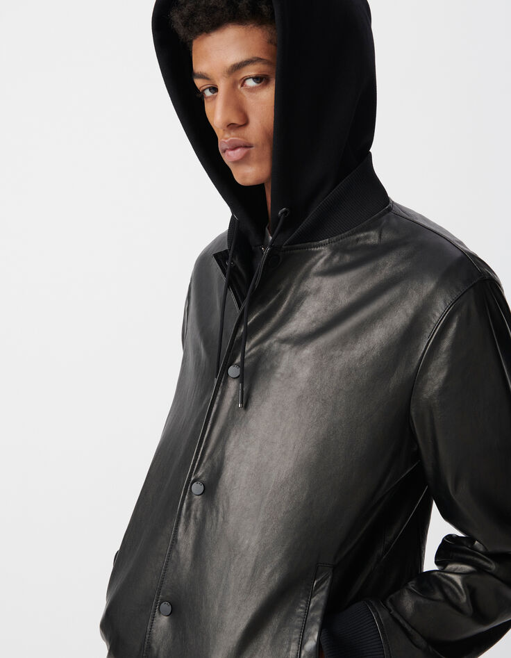 Bomber noir en cuir à parmenture amovible Homme-4