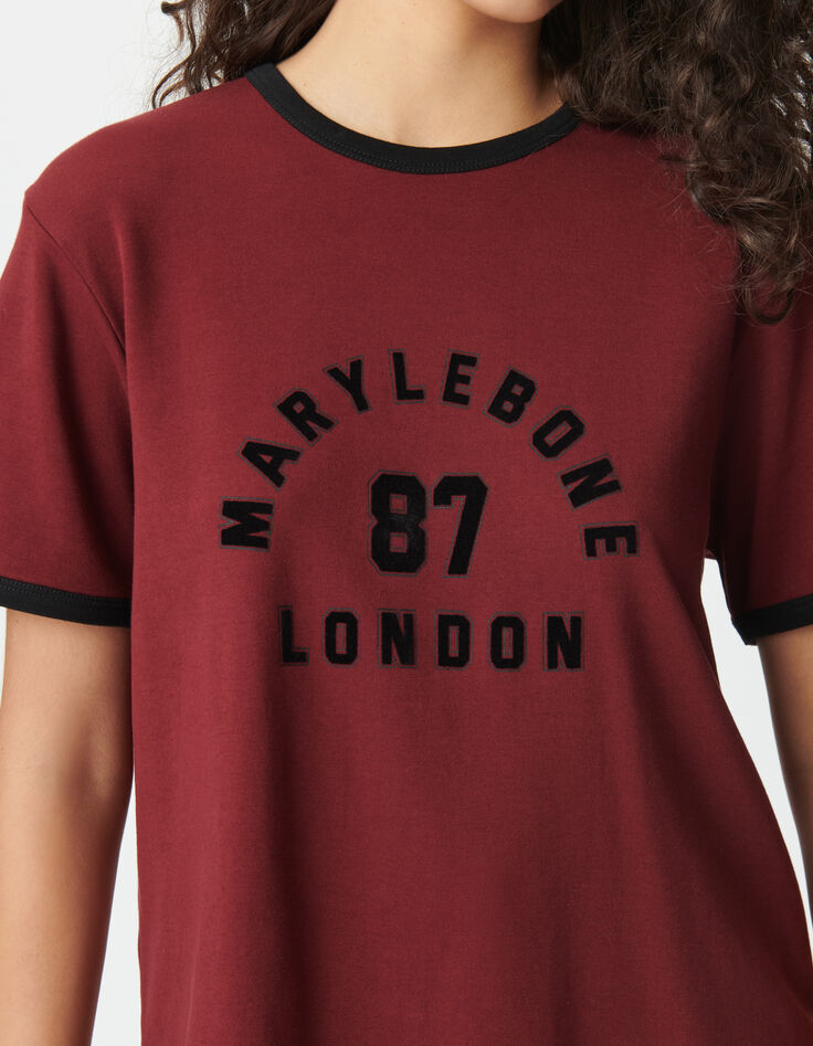Women’s burgundy T-shirt with flocked velvet slogan-4