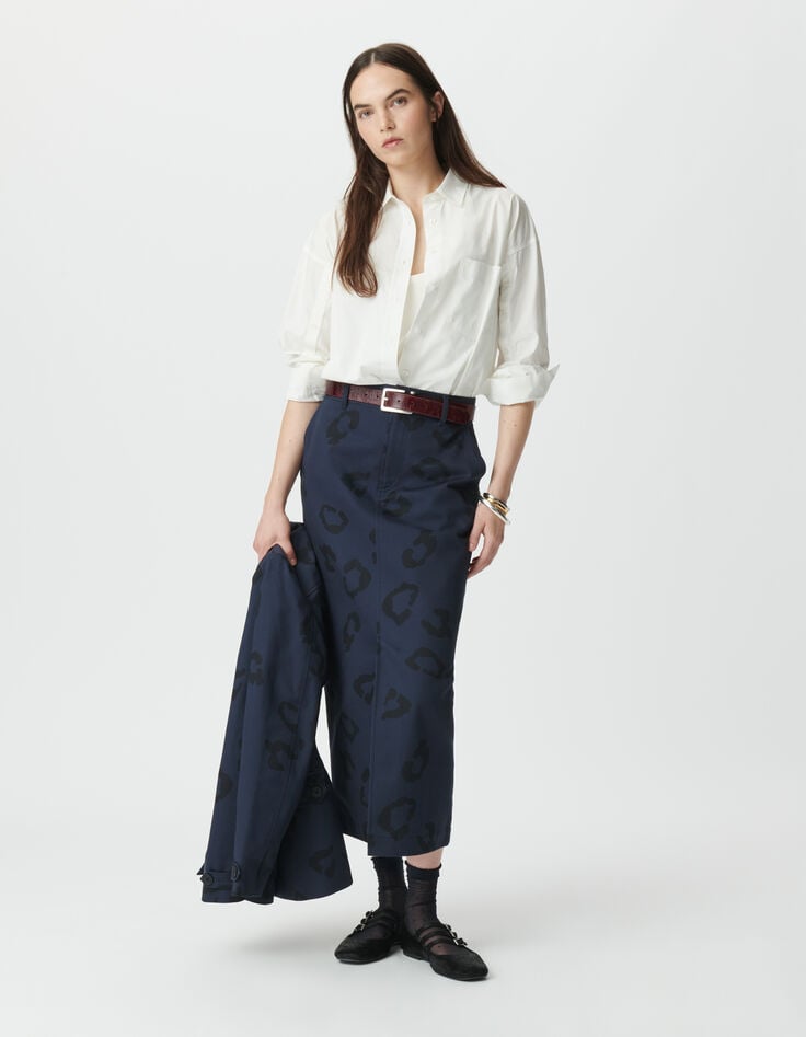 Women’s navy long pencil skirt with jaguar print-1