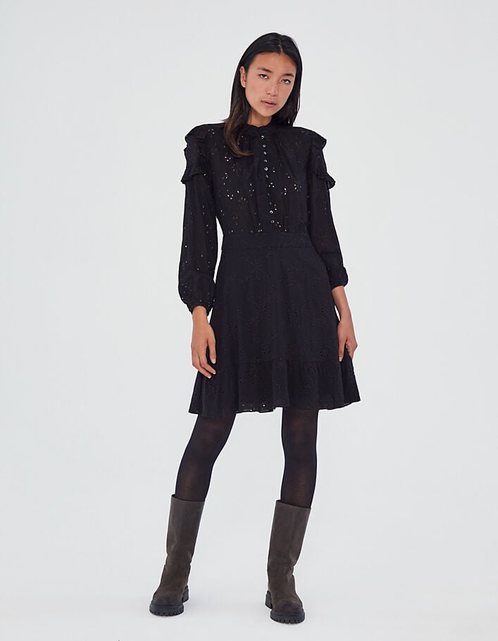 Black eyelet embroidery and viscose fitted dress-7