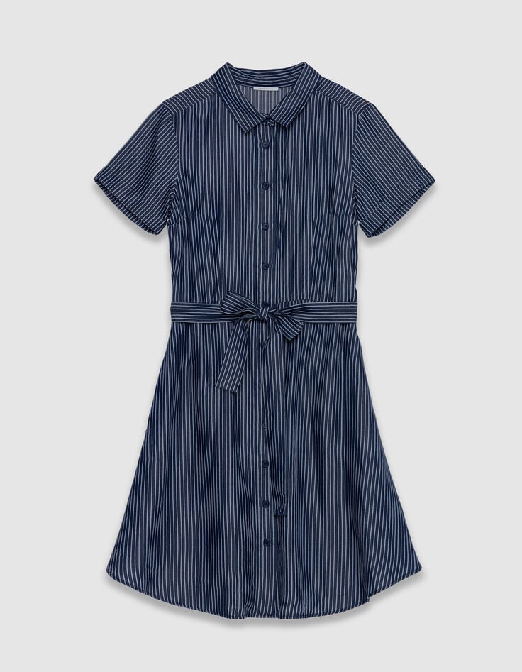 Robe chemise marine fines rayures blanches Femme-3