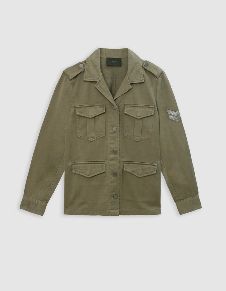 Khakifarbene Safarijacke mit gesticktem Fischgrätenmuster Damen-6