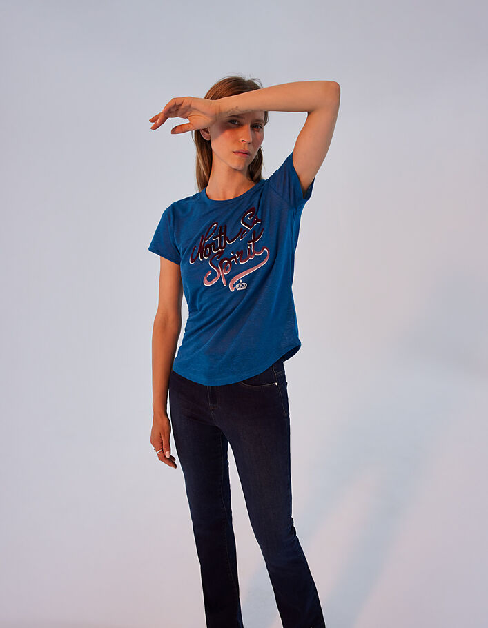 Women’s blue linen T-shirt with flocked velvet graphic-2